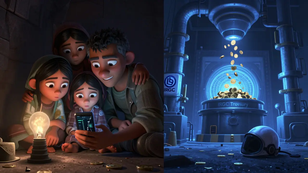 A family in darkness contrasts with a bright state-run Bitcoin mine, showing economic inequality.