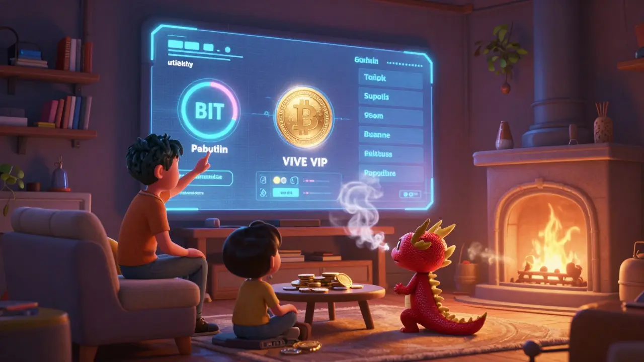 A family interacts with a holographic BIT token dashboard showing fee discounts, VIP purchase, and token buyback animation.