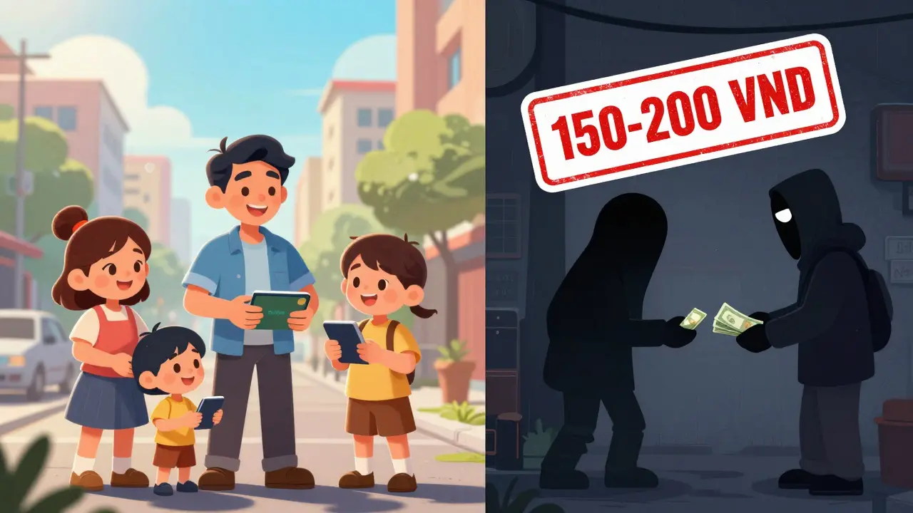 A family uses safe digital payments while another trades crypto in shadows, with a giant fine stamp above.