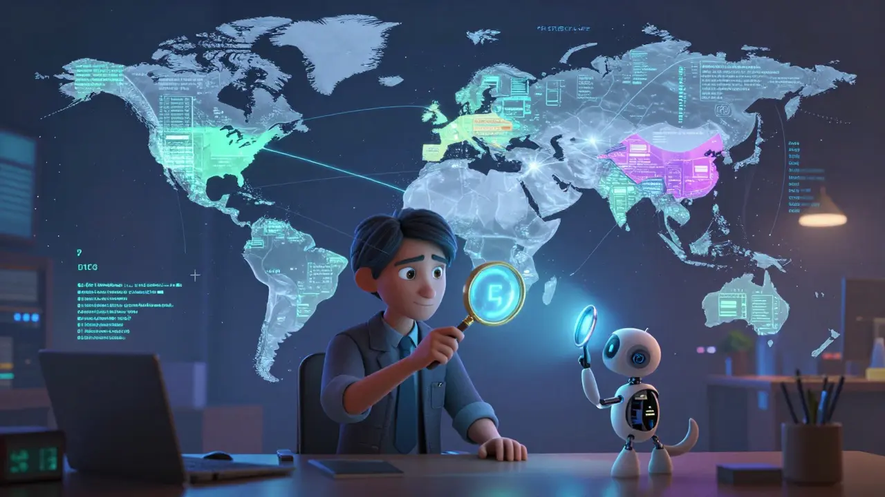 A forensic analyst traces stolen crypto across a holographic global map, highlighting jurisdictional battles in digital crime.