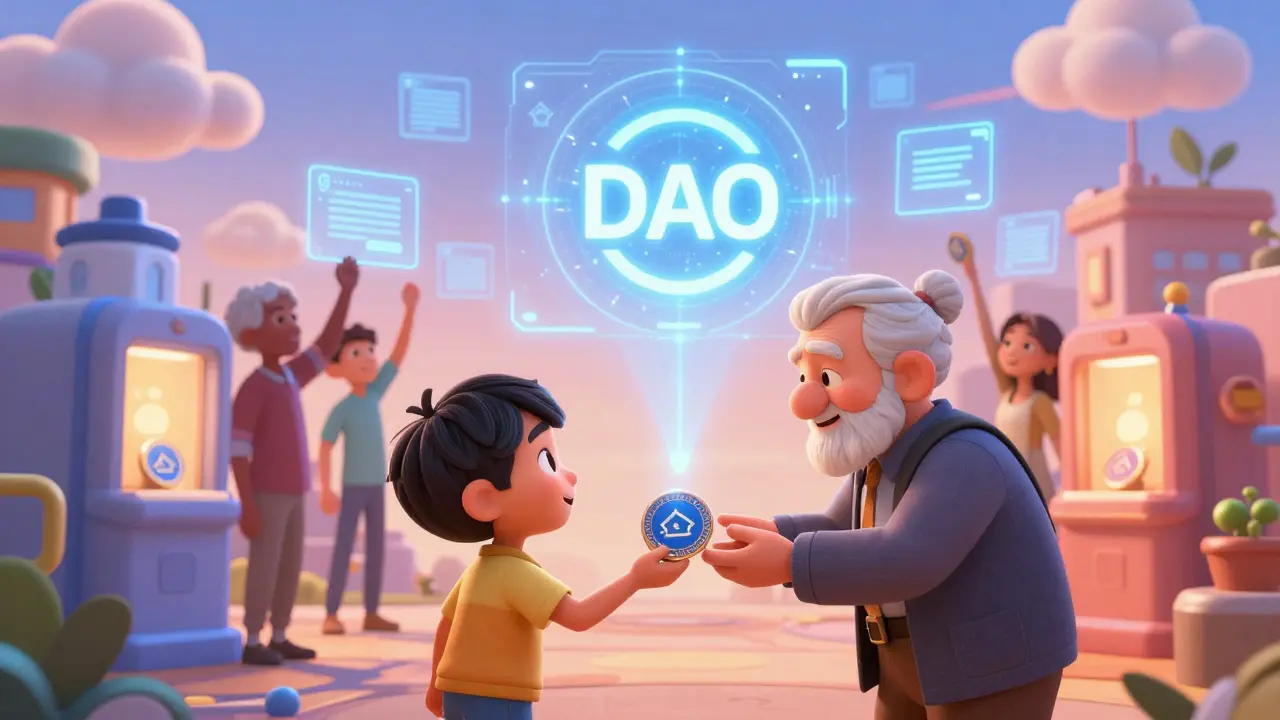 A futuristic city where people use CRDT tokens for voting and services, symbolizing community trust and decentralized innovation.