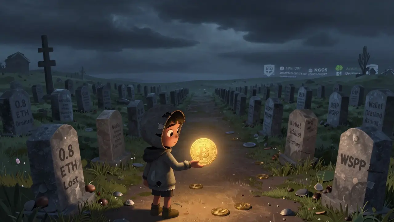 A graveyard of worthless WSPP tokens, with a single glowing token of real charity lighting a path forward.