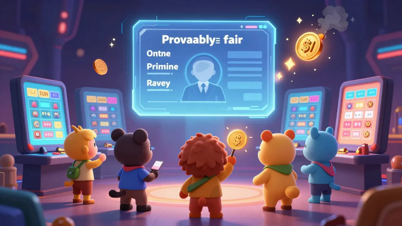 A group of cartoon characters gambling at a futuristic casino with a glowing smart contract above.