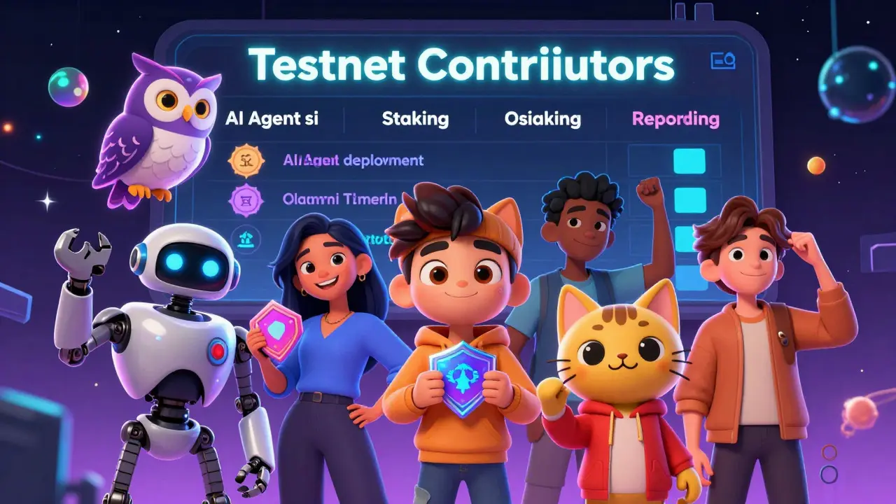 A group of digital characters holding token badges for testnet contributions on a scoreboard.
