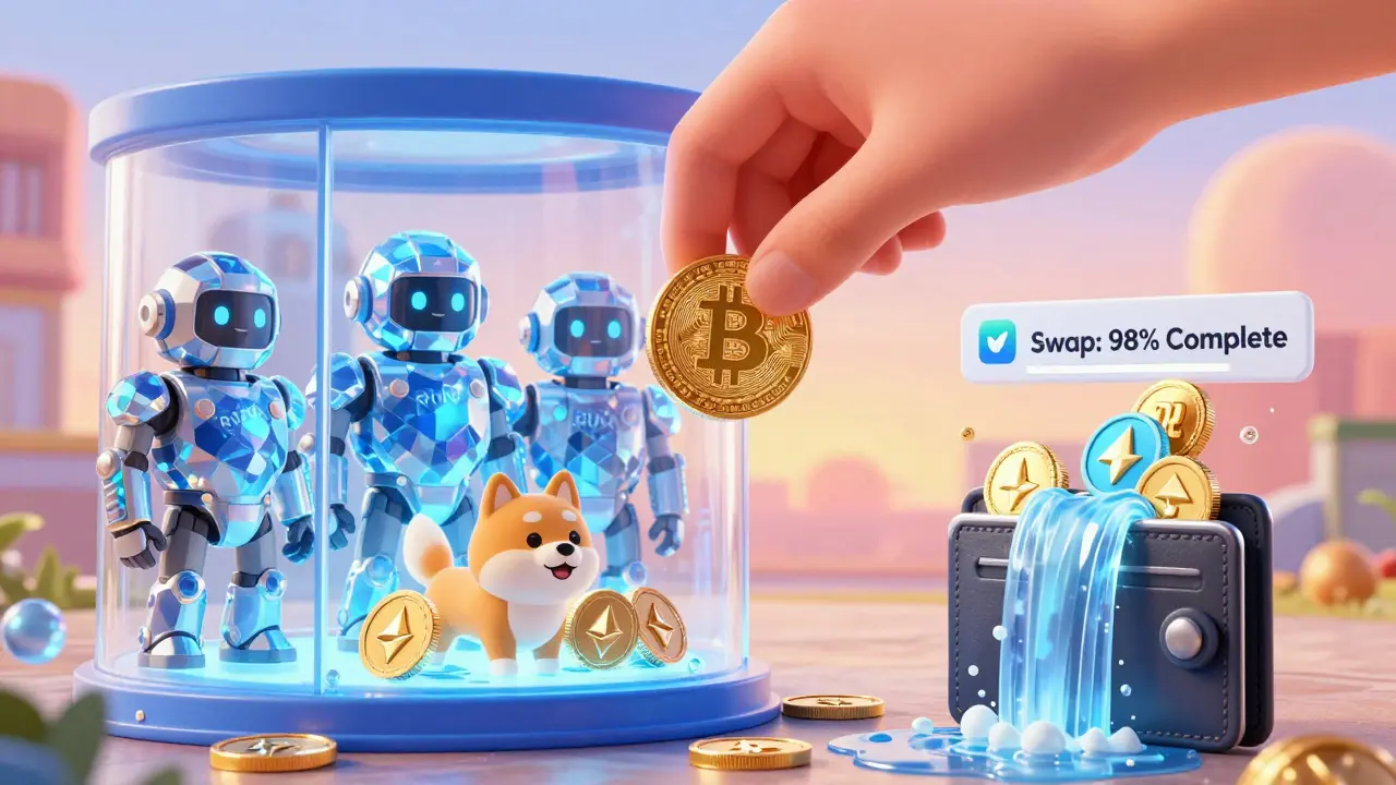 A hand drops Bitcoin into a secure vault guarded by RUNE-armored robots as other coins flow out.