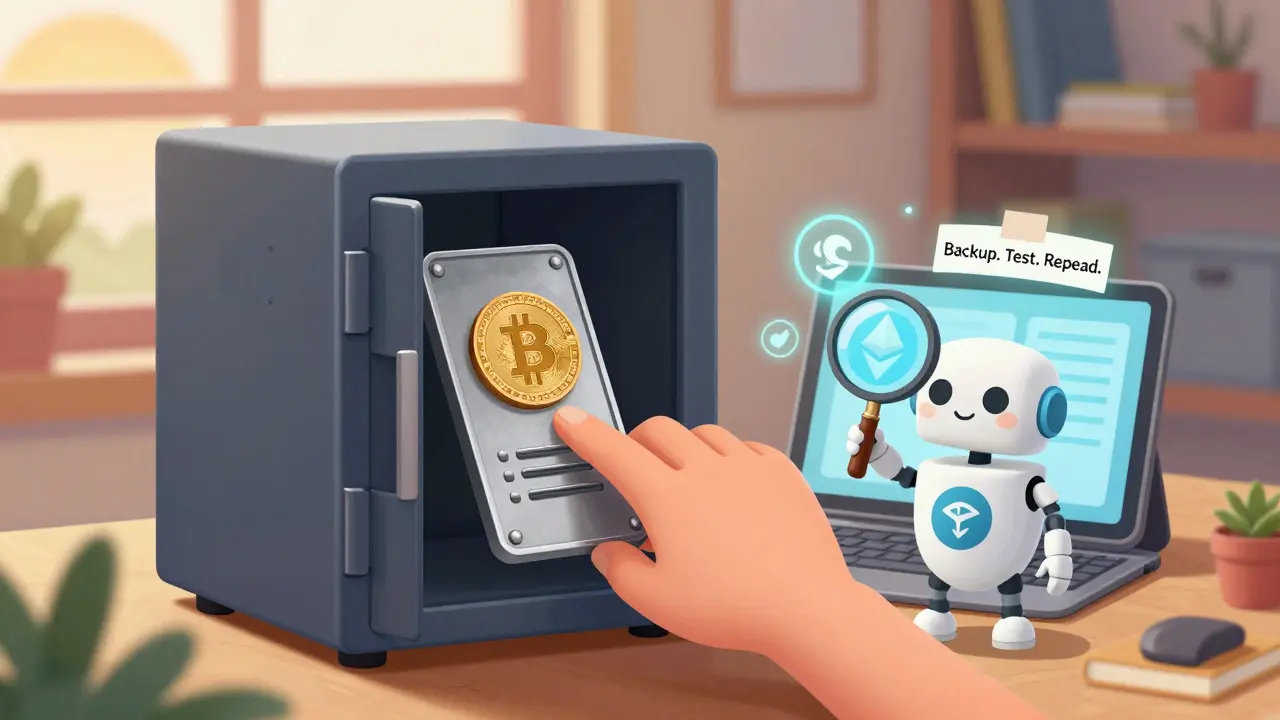 A hand placing a metal seed phrase plate into a fireproof safe with a digital wallet on a tablet.