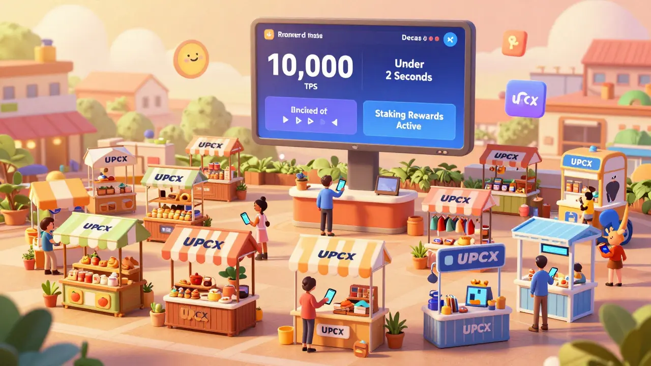 A lively digital marketplace with 217 UPCX-accepting stalls, users paying with wallets, and network stats floating above.