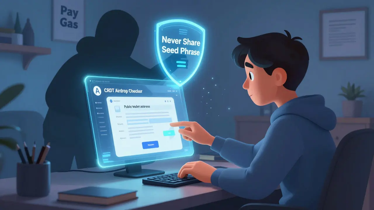 A person safely checking their airdrop eligibility on a glowing screen while a scammer is blocked by a protective shield.