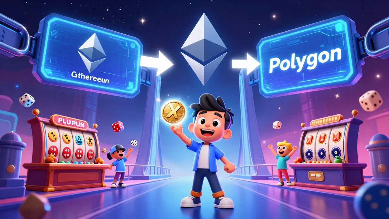 A player holding an XFUN token as they cross a bridge from Ethereum to Polygon.