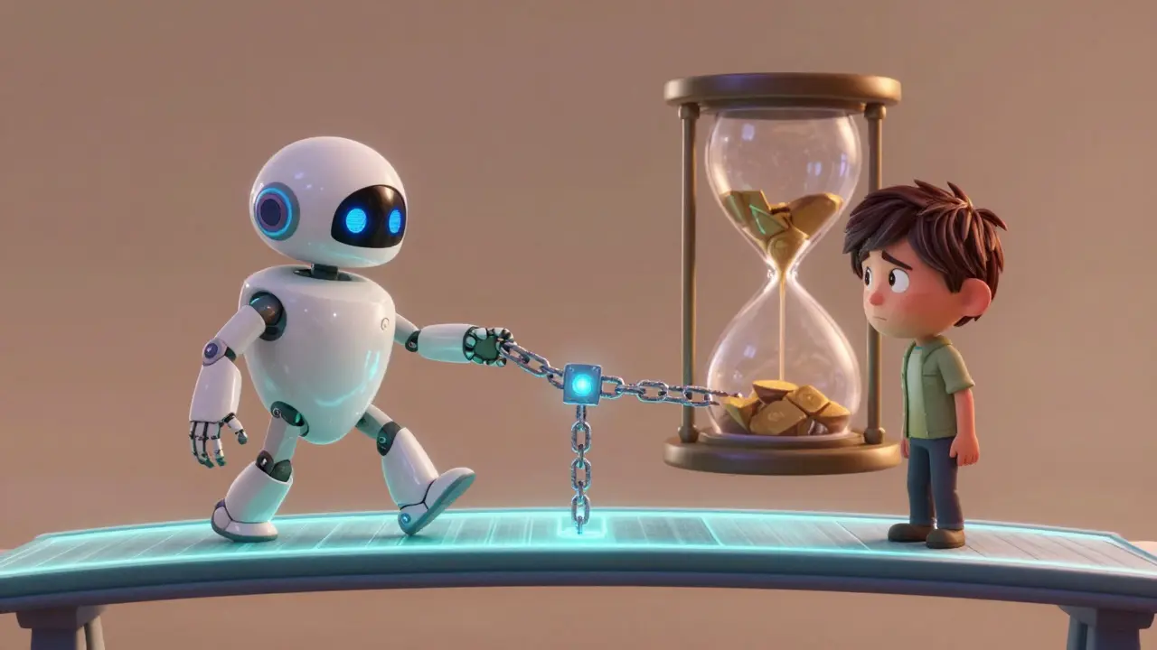 A robot and human crossing a transaction bridge, contrasting instant finality with slow Bitcoin mining.