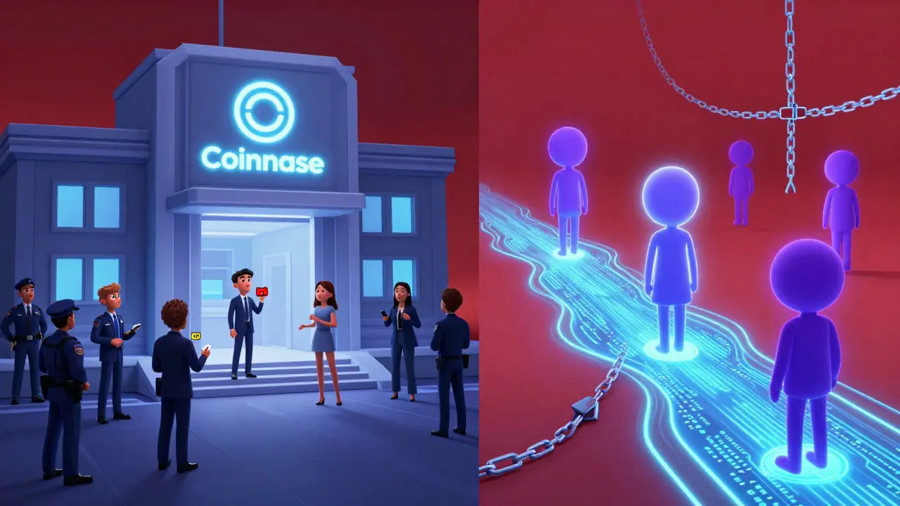 A split scene shows a centralized exchange under SEC scrutiny versus a decentralized DeFi protocol floating free of legal chains.