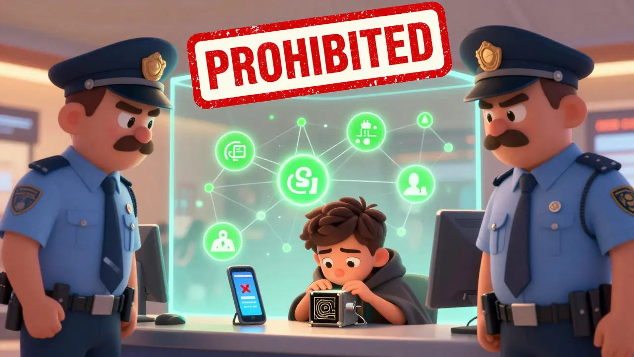 A teen hiding a mining rig from comically serious customs officers at an airport checkpoint.