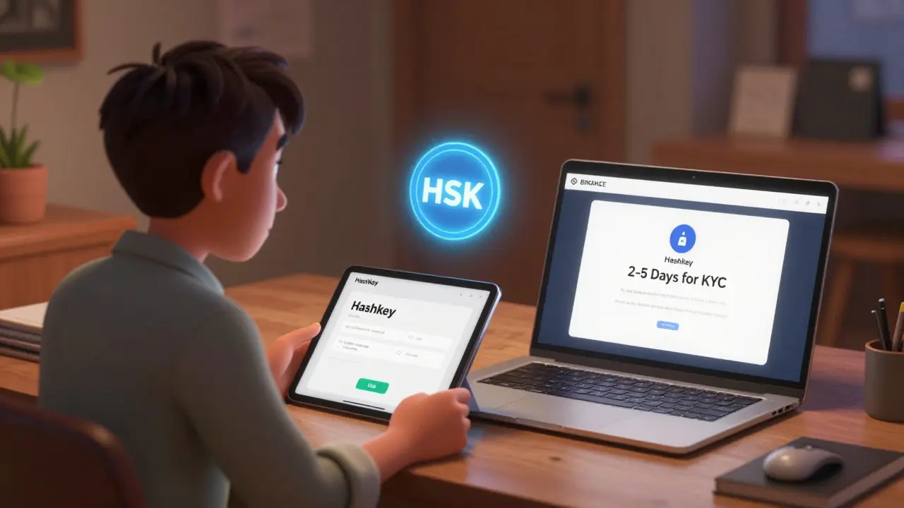 A trader compares a slow HashKey app with a sleek Binance interface, a glowing HSK token hovering nearby as a symbol of trust.