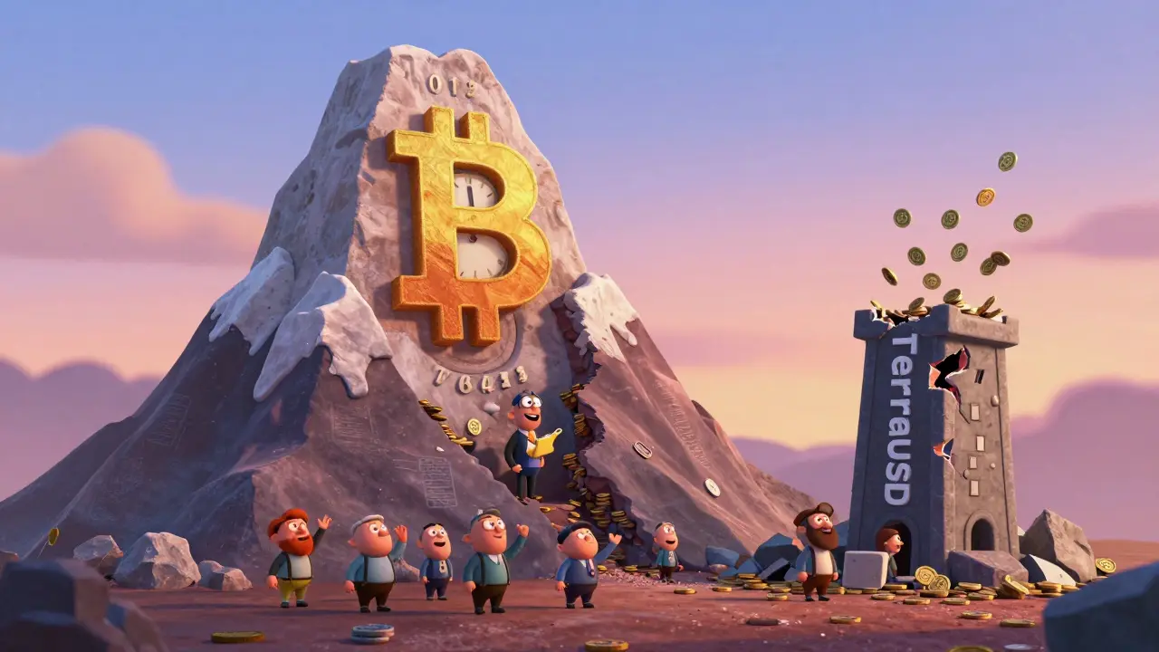 A wise Bitcoin mountain losing layers every four years, while a collapsing TerraUSD tower falls into darkness.