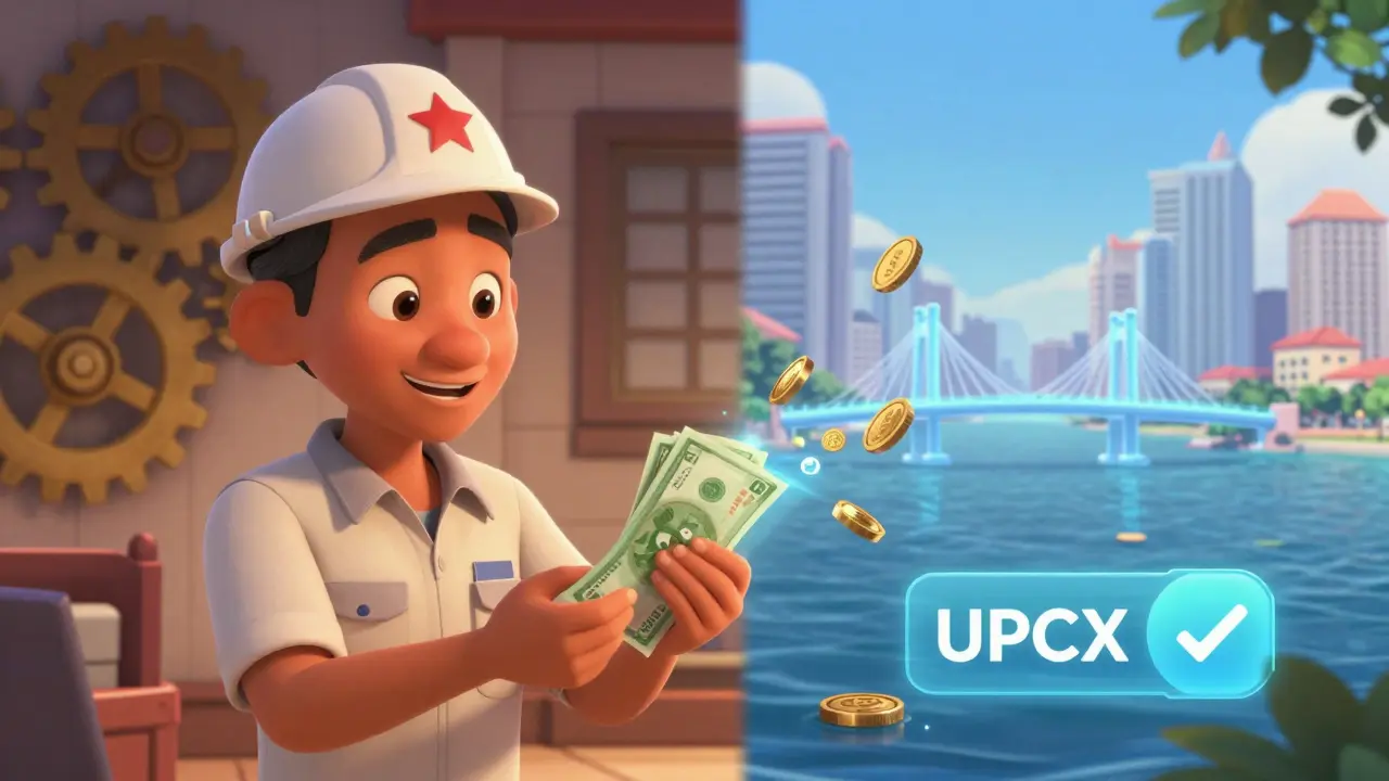 A worker in Singapore sending remittance via UPCX to family in Manila, with a digital bridge and low fee indicator.