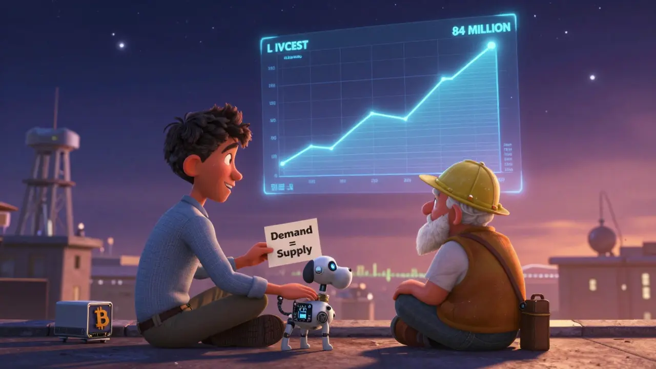 A young investor and elderly miner watch a holographic Litecoin supply chart rise together on a rooftop under a starry sky.