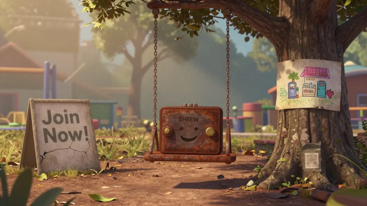 An abandoned SHREW loyalty playground with a broken swing and faded drawing of stores and tokens.