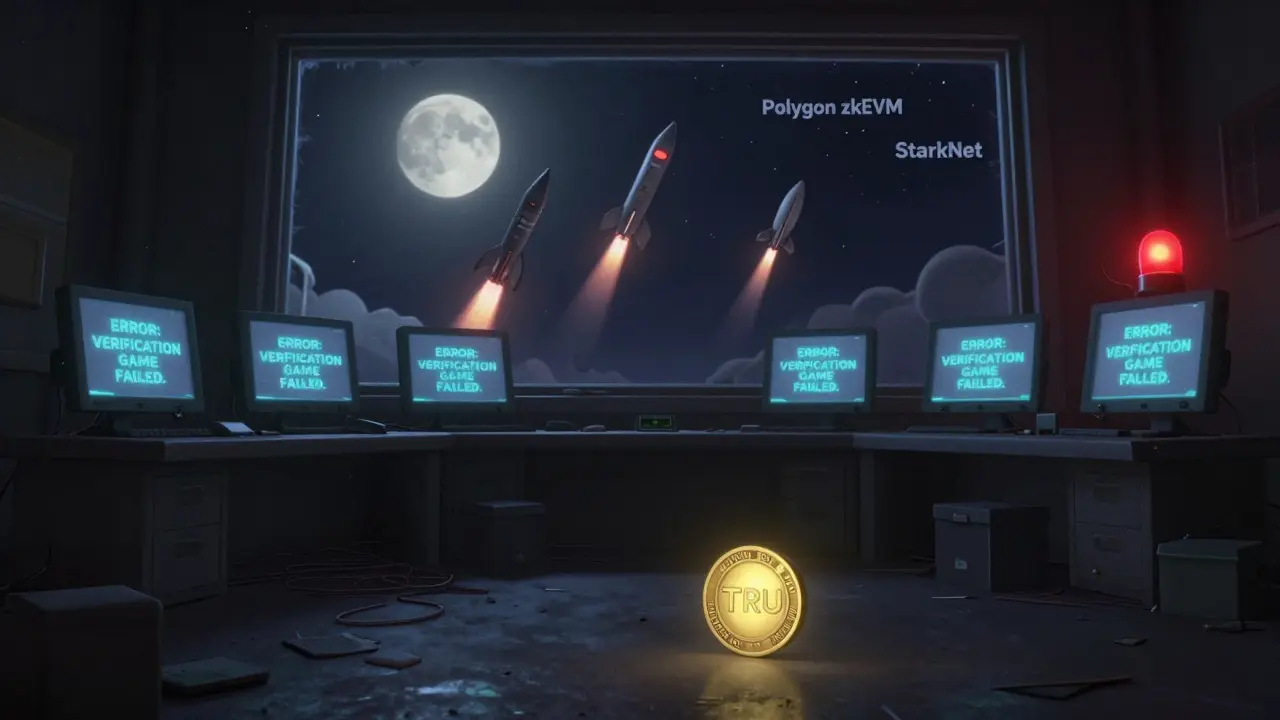 An abandoned Truebit control room with broken screens, a lone TRU token rolling away as other blockchains rise in the sky.