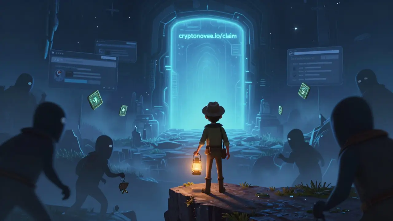 An explorer approaches a safe claim portal while avoiding scammer figures in a digital landscape.