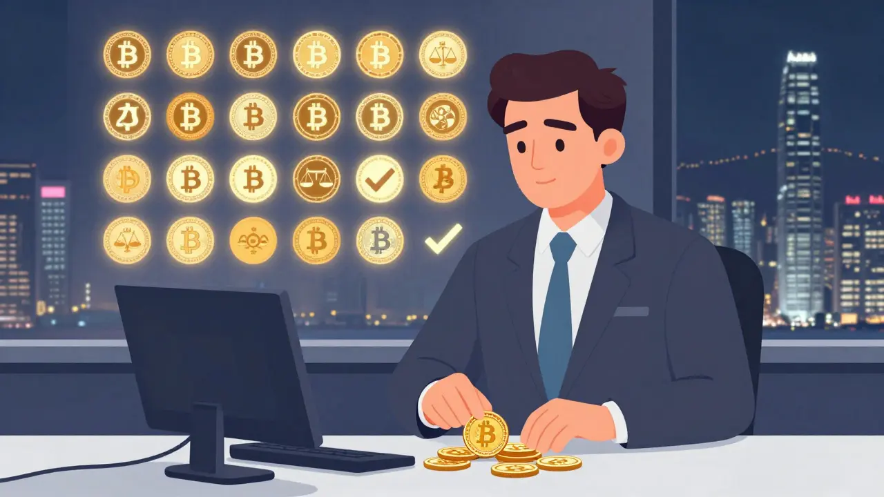 An investor calmly trades Bitcoin and Ethereum on a minimalist terminal with only 26 approved crypto icons visible.