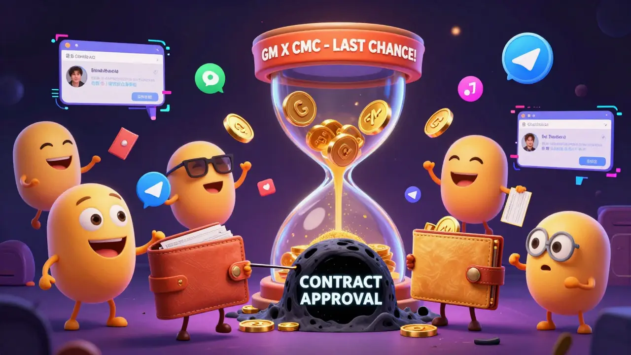 Cartoon wallets being tricked by a fake airdrop timer in a chaotic Telegram chat scene.