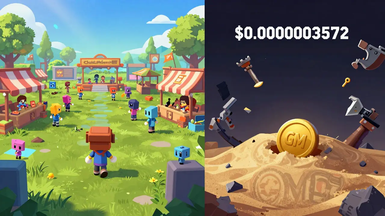 Contrasting vibrant successful game marketplace with a crumbling GoldMiner server in ruins.