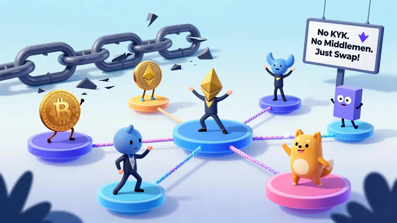 Crypto coins trade happily on floating platforms connected by RUNE ropes, with broken wrapped chains on the ground.