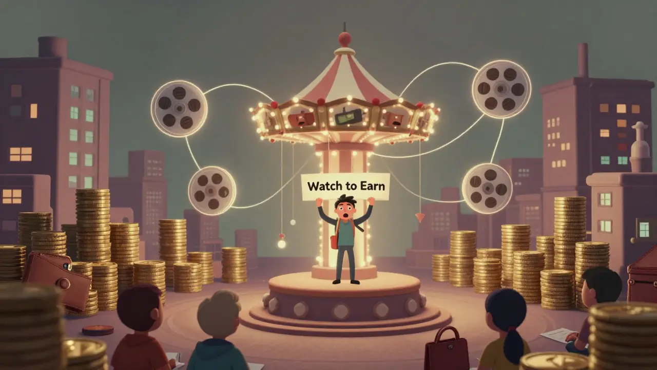 Floating video reels connect to wallets in a surreal digital marketplace, Pixar style.
