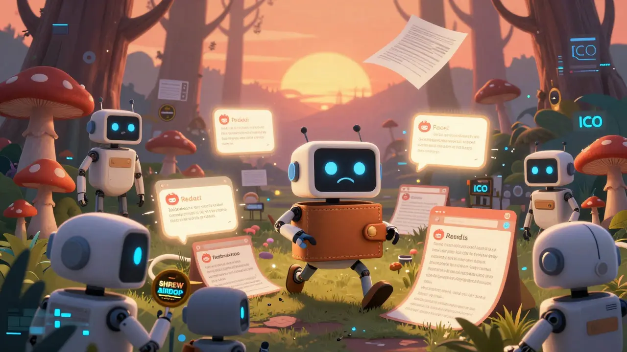 Robotic bots spread fake SHREW airdrop links in a maze of outdated blog posts and forum threads.