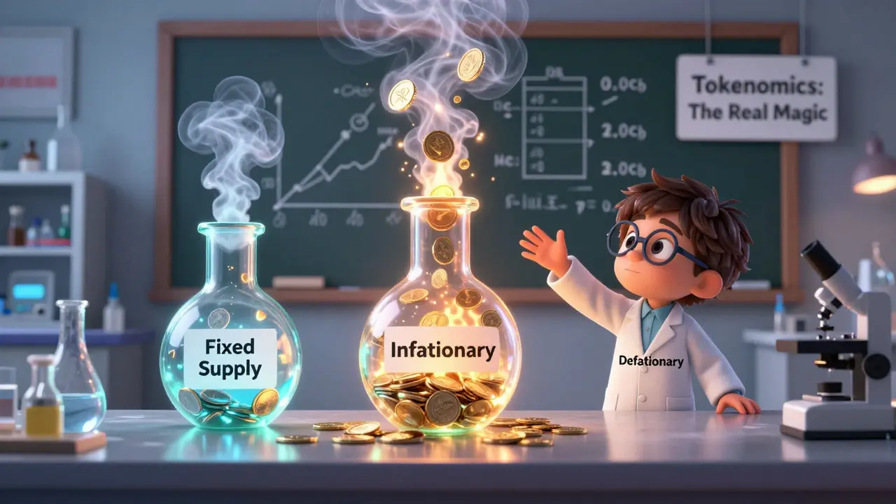 Scientists in a lab examining three glowing vials representing different token supply models, with a child reaching for the deflationary one.