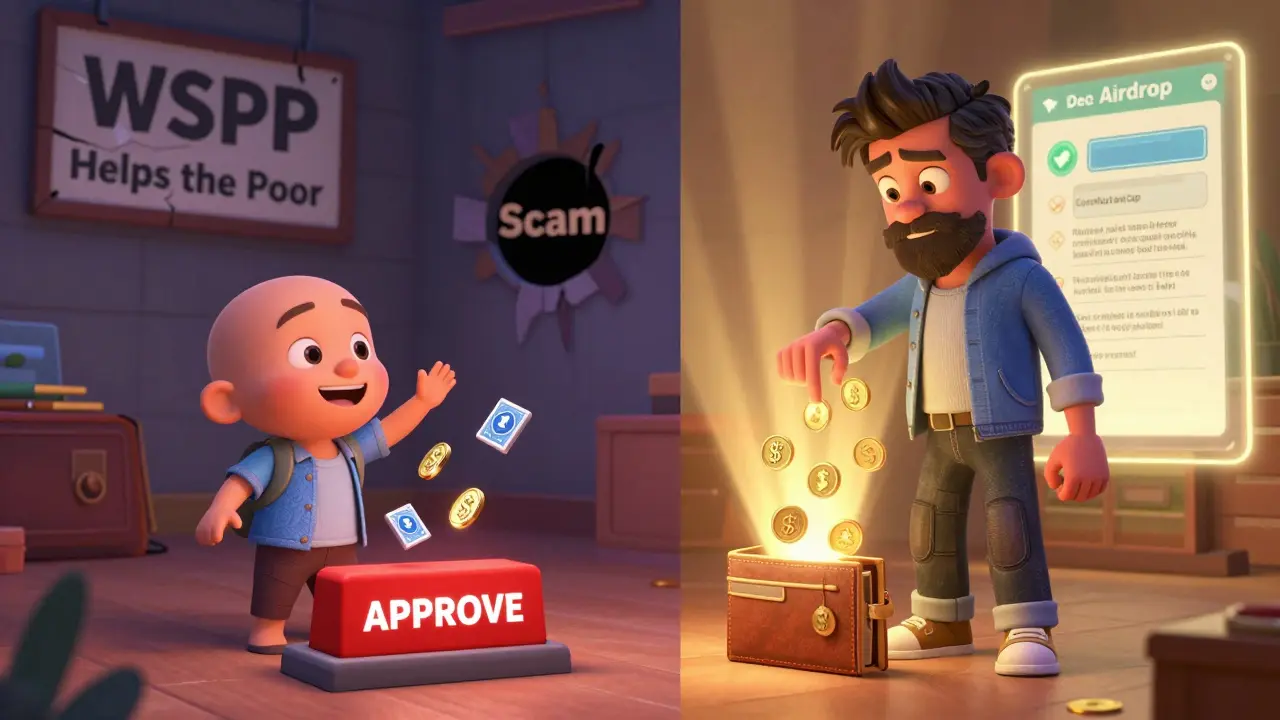 Split scene: one person falling for a crypto scam, another safely claiming a real airdrop with verified charities.