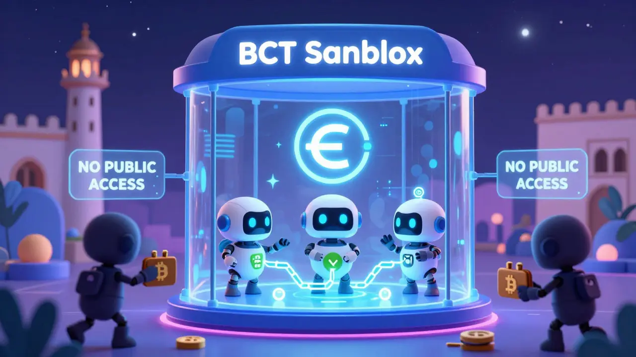 Three friendly robots testing blockchain in a controlled sandbox, blocked from the public by a force field.