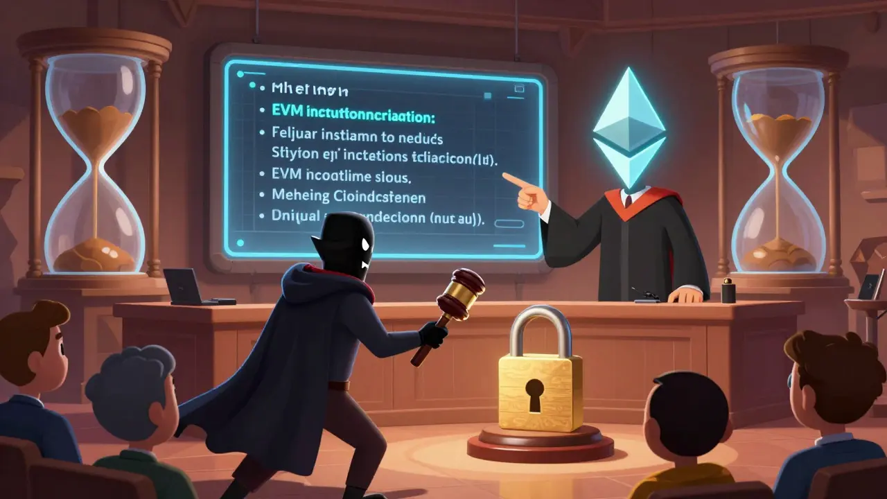 A courtroom scene on Ethereum where a challenger exposes fraud, with a 7-day hourglass and Ethereum logo as judge.