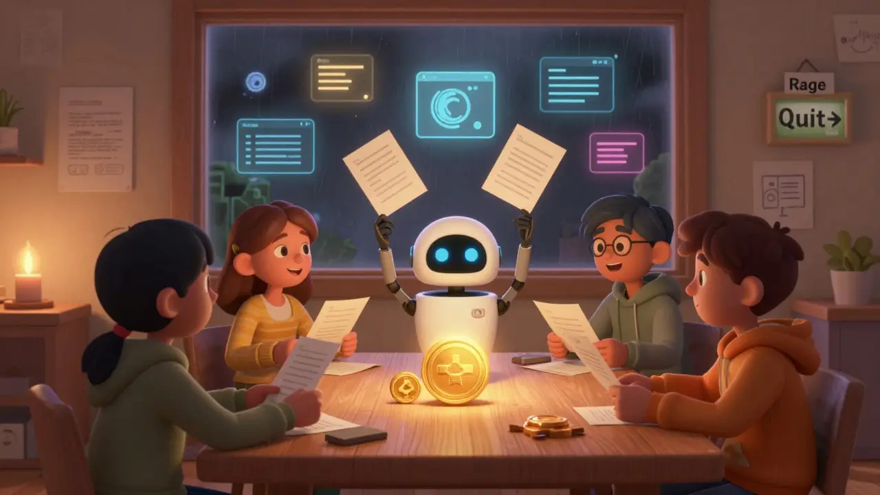 A cozy DAO gathering around a simple table with a treasure chest and 'Rage Quit' button, under warm light.