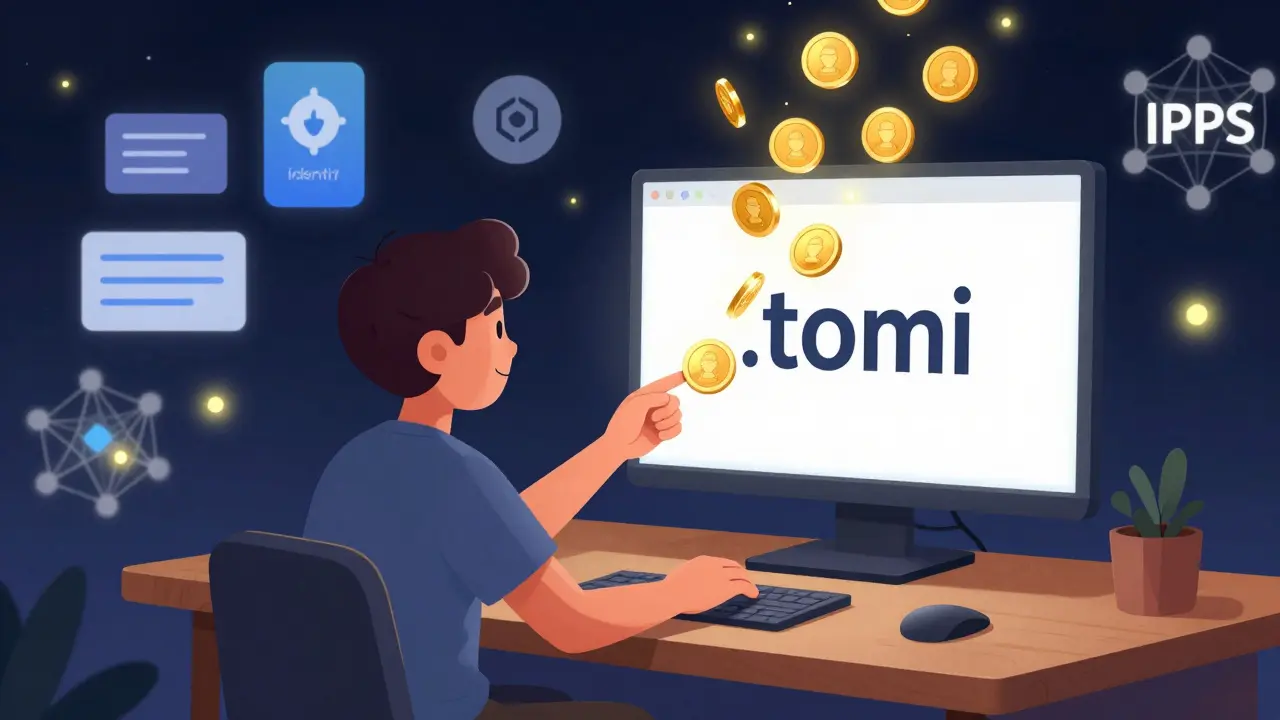 A creator receiving direct crypto payments from fans through a .tomi domain, with digital identity icons floating nearby.