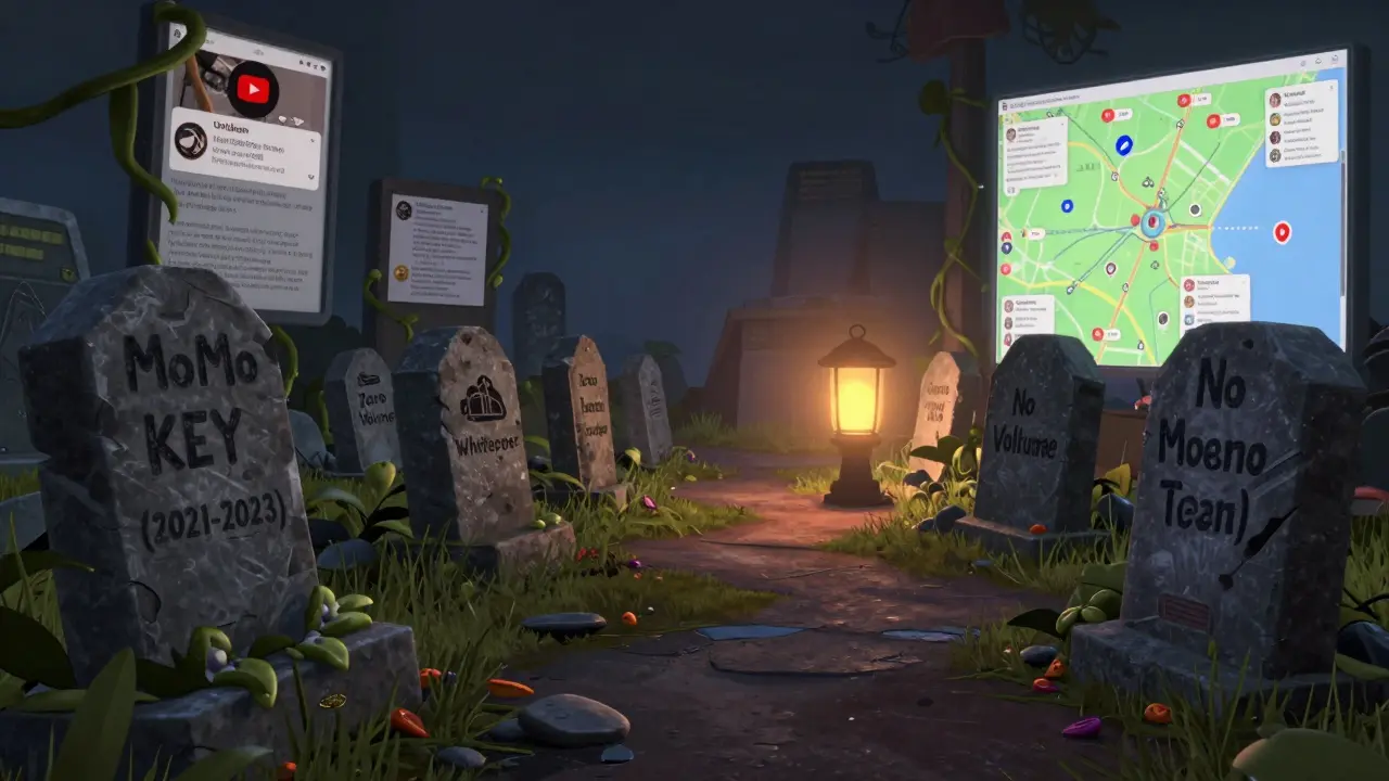A crypto graveyard with tombstones for forgotten projects, lit by a distant lantern for Momo AI.