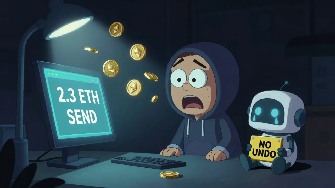A developer watching cryptocurrency coins vanish into darkness after a typo in a transaction address.