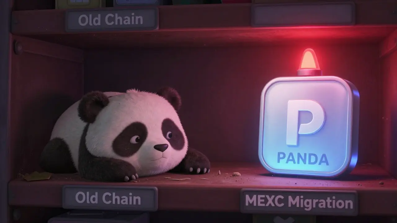 A forgotten PND token on a dusty shelf beside a glowing new PANDA token under a warning light.
