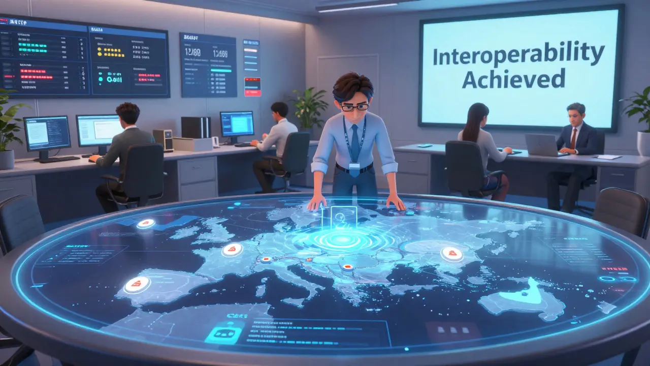 A global compliance center with holographic maps showing synchronized licensing and data streams across major economies.