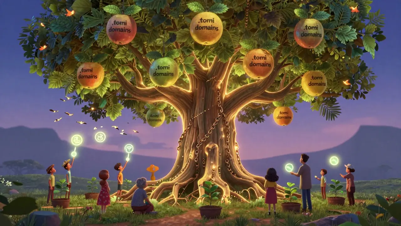 A glowing tree with .tomi domain fruits, surrounded by people voting and sending encrypted messages in a decentralized network.