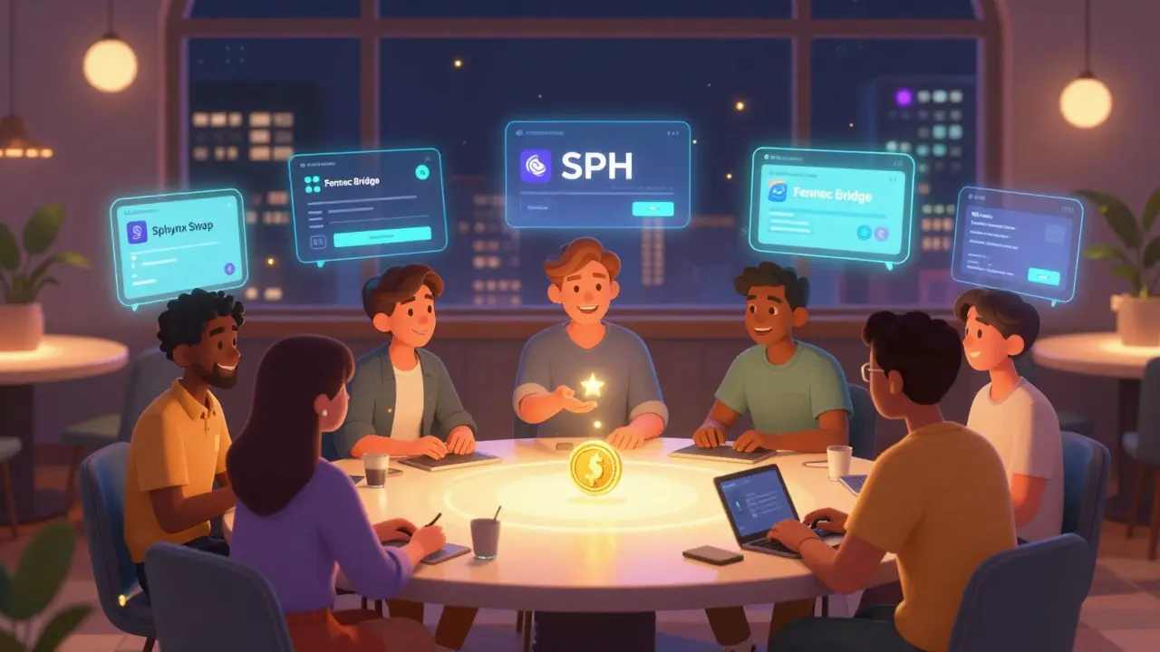 A group of users celebrate as an SPH token drops into one person's hand in a cozy digital lounge.