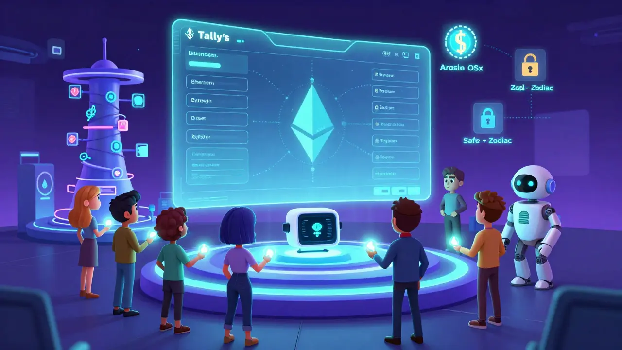 A holographic voting dashboard showing cross-chain activity as governance systems evolve seamlessly.