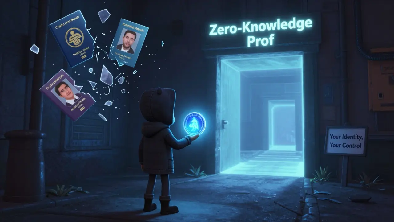 A lone figure with a Monero coin escapes stolen identity data toward a privacy-protecting portal.