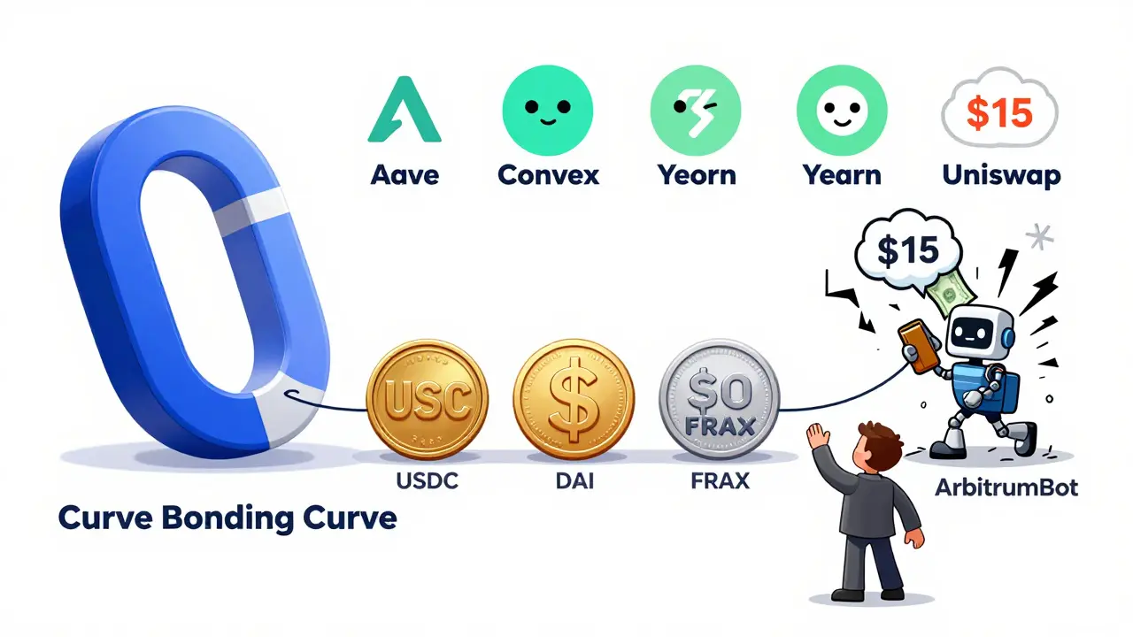 A magnet pulls stablecoins into perfect alignment, showing Curve's flat bonding curve versus Uniswap's chaotic price curve.