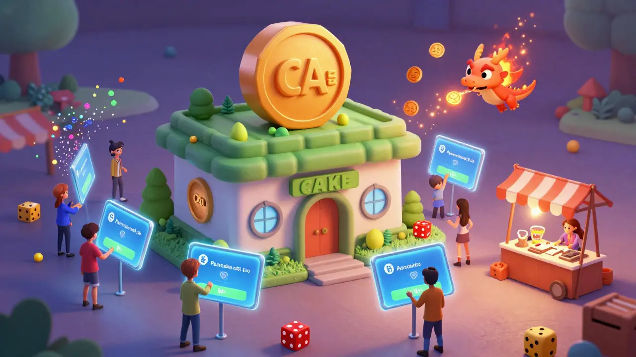 A playful digital exchange hub with CAKE-themed buildings, users betting on price moves and buying NFTs.