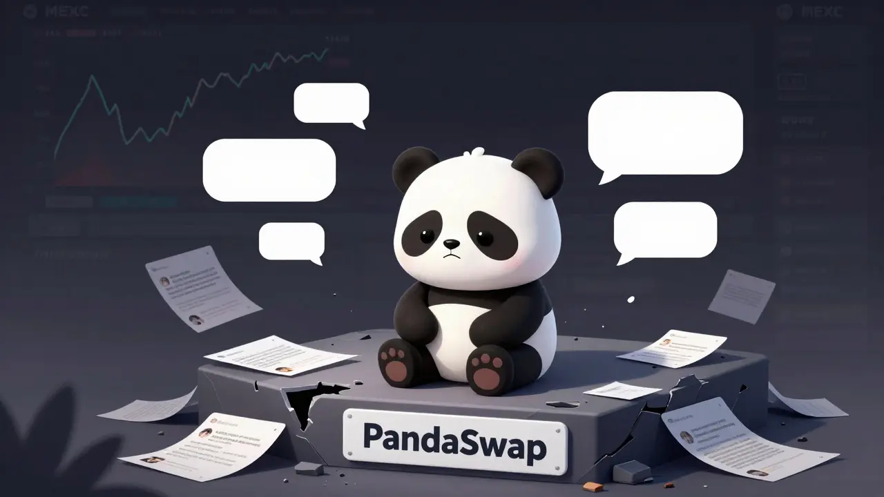 A sad panda mascot on a crumbling website, with a flat trading chart in the distant background.