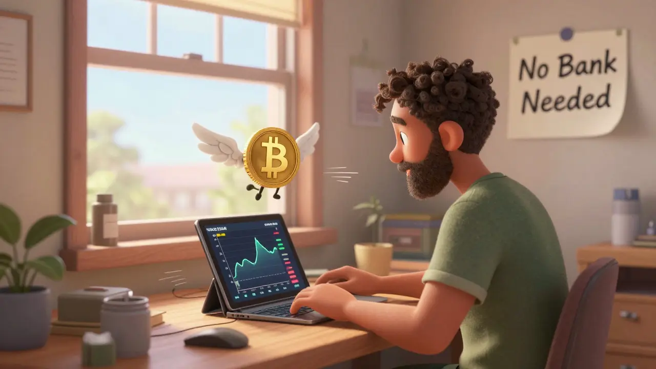 A trader in South Africa monitors USD/ZAR crypto derivatives with a Bitcoin mascot nearby, sunlight streaming through a window.