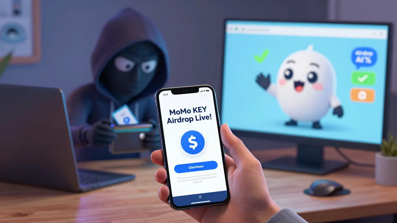 A user is tricked by a fake airdrop popup while a hacker sneaks behind them, contrasted with a friendly Momo AI mascot.