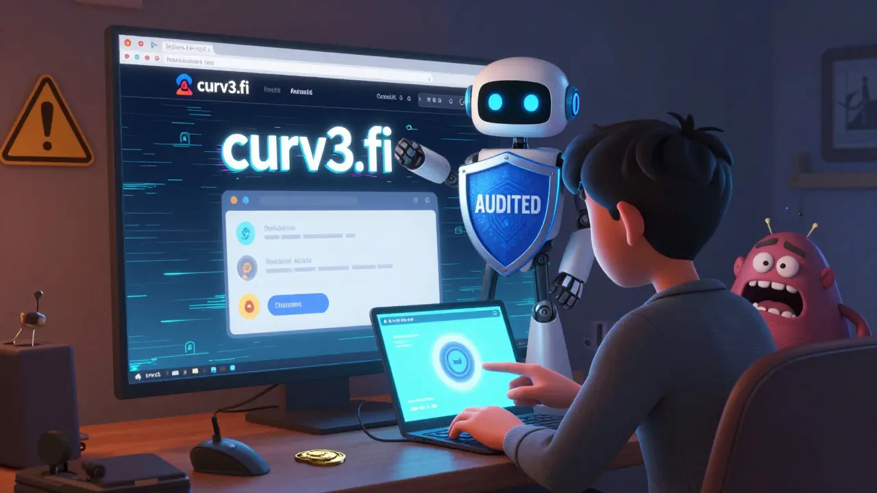 A user safely uses the real Curve.fi site while a phishing site glitches nearby, protected by an audit robot.