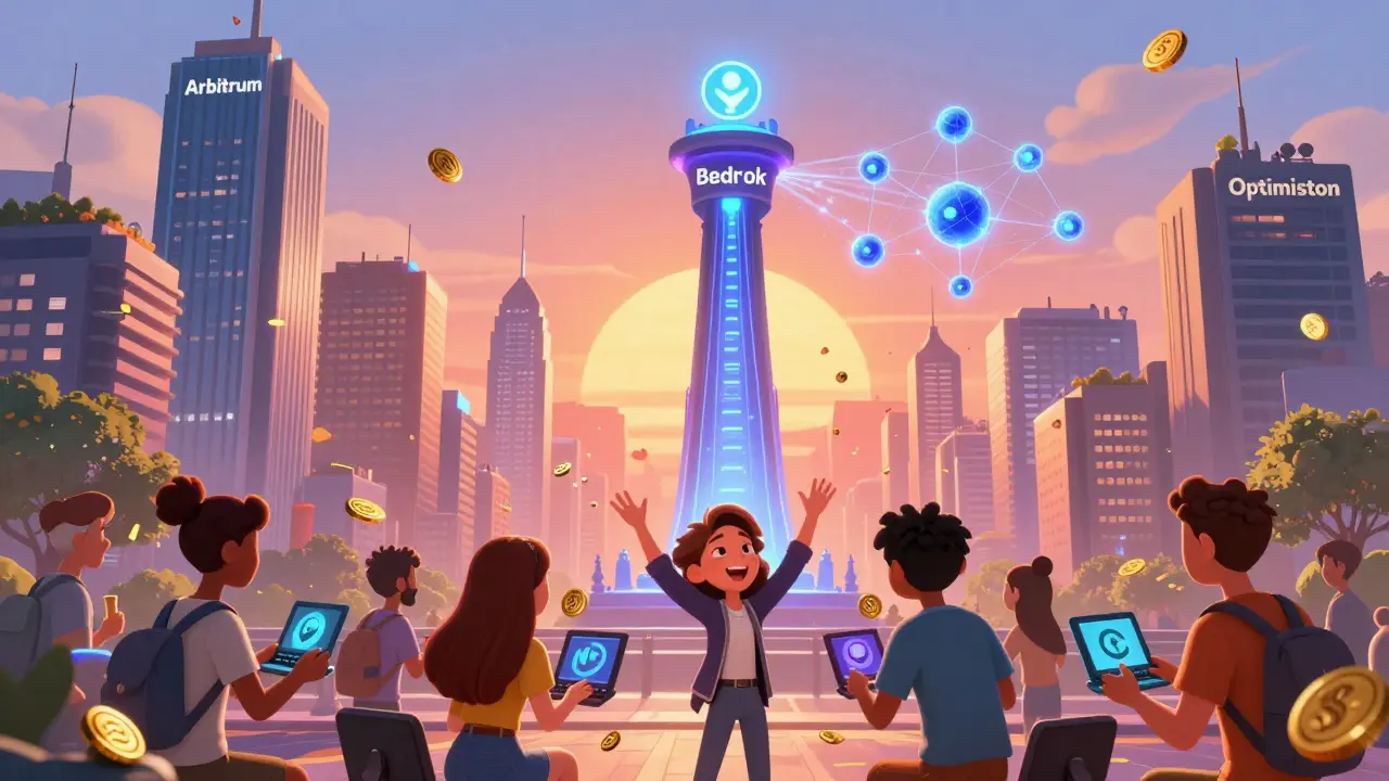 A vibrant DeFi city with Arbitrum and Optimism towers under sunrise, as decentralized nodes replace a central sequencer tower.